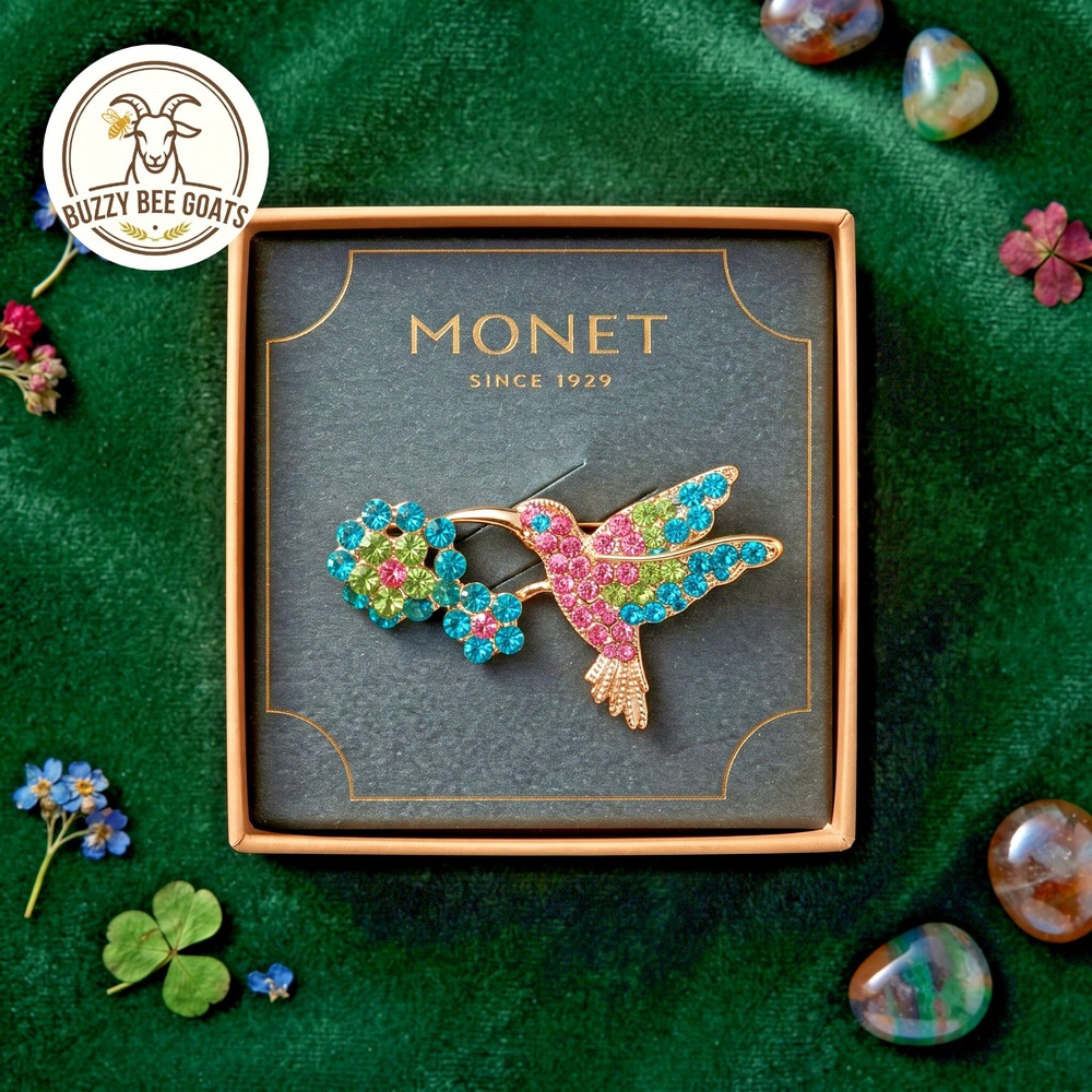 Monet Crystal Hummingbird Flower Brooch Pin Rhinestone Gold Tone 2x1.5"